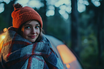 Generative AI image of happy family man woman kid smiling near tent family camping vacation bonfire trekking in nature