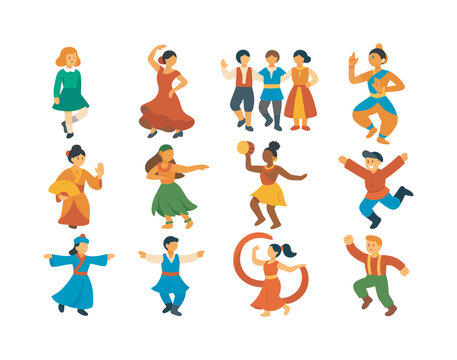 Diverse Dance Icons. Traditional dances. Colorful flat vector icons set of traditional dances: Irish step dance, flamenco pose, Balkan circle dance, Indian
