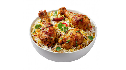 A flavorful dish of chicken biryani garnished with fresh herbs and spices, served in a clean white bowl