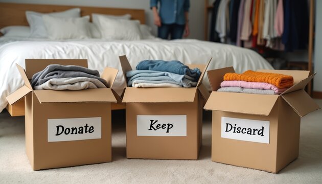 Three cardboard boxes labeled Donate Keep Discard with clothes sorted inside a bedroom. Person is visible in background near bed and clothes rack. Decluttering process for neat home organization.