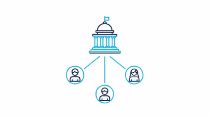 Government Leadership Icon &ndash; Capitol Building Connected to Citizens. Vector Line Art, Minimalist Design, Editable Stroke, Blue Outline on White.