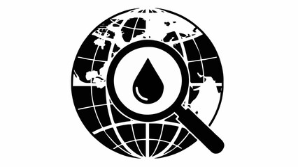 Global Water Crisis Concept Icon &ndash; Magnifying Glass Over Earth with Water Droplet Inside. Thin Line Vector, Editable Stroke, Minimalist Design.