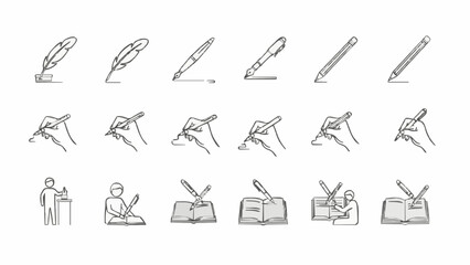 Writing Instruments and Hand Positions Vector Icons Set - Pen Pencil Fountain Pen Hand Grip Posture Education School Student Teacher Notebook Journal Design