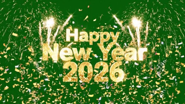 Golden glitter Happy New Year 2026 text with bright fireworks explosions and falling gold confetti on a dark green background
