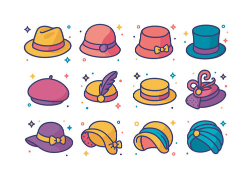 Vintage Hat Icons. Vintage Hats. Colorful isometric vector icons set of Vintage Hats: fedora, cloche hat, pillbox hat, bowler hat, beret, flapper headband,