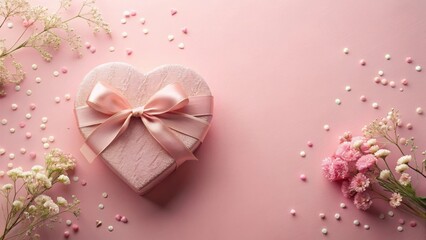 A heart-shaped gift box with a delicate pink ribbon, adorned with pastel confetti and delicate floral arrangements, creates a romantic and celebratory scene.