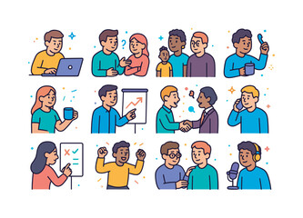 Fototapeta premium Isometric Startup Founders Icons. Startup founders. Colorful isometric vector icons set of Startup founders: solo founder at laptop, cofounder duo discussing,