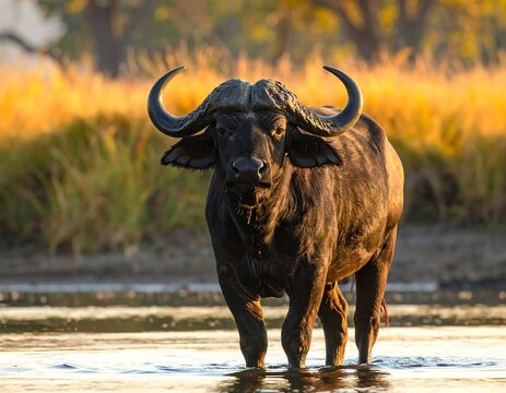 African Buffalo crossing a river in Okavango Delta with golden sunlight
