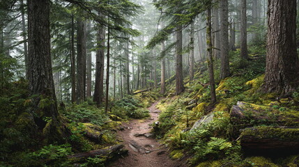 A winding dirt trail cuts through a misty evergreen forest, surrounded by moss-covered logs, rocks, and thick undergrowth. The towering trees and fog create a tranquil, mysterious atmosphere