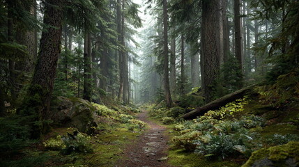 Obraz premium A peaceful dirt path winds through a misty, green forest with tall evergreens, moss-covered ground, and dense undergrowth in a serene natural setting