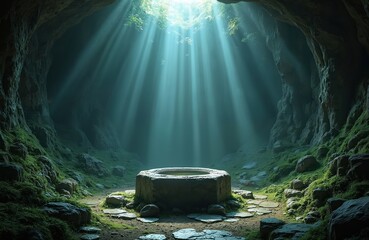 Sunlight beams illuminate ancient stone well within mossy cave. Path leads through rock formations, plants, rich green moss. Mystical atmosphere, hidden place, nature wonder.
