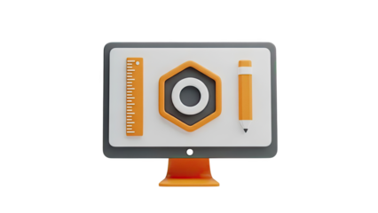 Computer monitor with design tools icons on transparent background