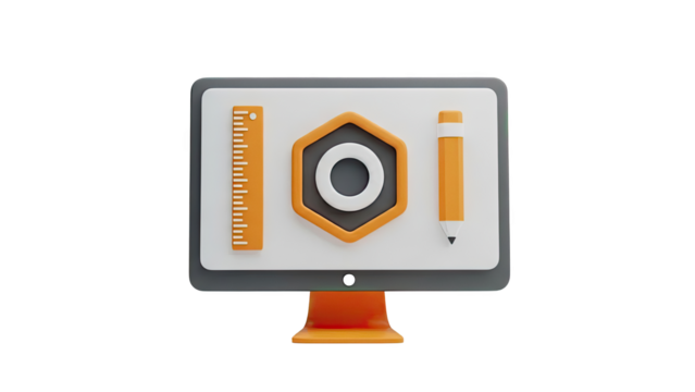 Computer monitor with design tools icons on transparent background - Powered by Adobe