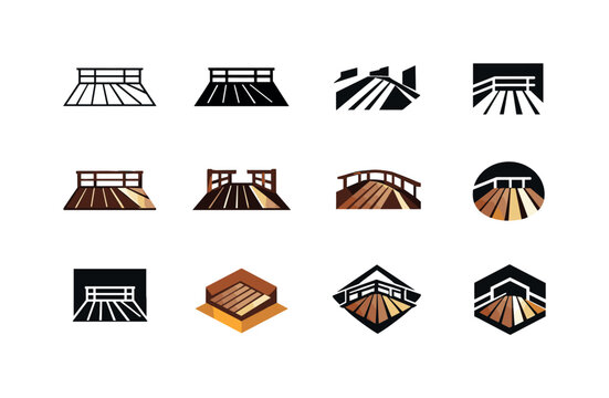 Wooden Deck Icon Set. A wooden deck. Icon set. Set Logo of a wooden deck: deck shadow pattern. harmonious logo variations of the same emblematic concept, each