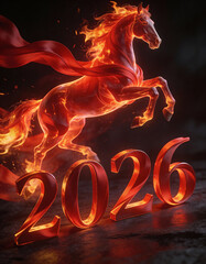 Artistic abstract horse made of glowing red silk and flowing fire leaping over 2026, cinematic dark background, high contrast lighting symbolizing speed, power, success and new year energy