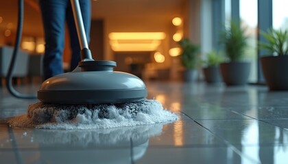 Person uses floor scrubber machine for cleaning tiled floor. Machine polishes surface with soap foam, making it shine. Modern interior maintenance, sanitation service.