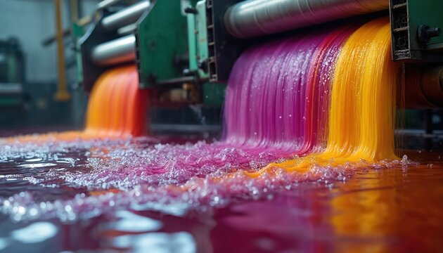 Industrial machine dyes threads in vibrant orange purple and yellow colors. Textile material gets wet in process baths. Fabric production moves forward in factory.