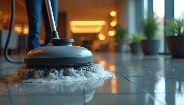 Person uses floor scrubber machine for cleaning tiled floor. Machine polishes surface with soap foam, making it shine. Modern interior maintenance, sanitation service.