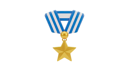 Gold Star Medal with Blue and White Ribbon on transparent background