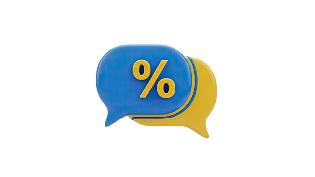 3D Percentage Symbol on Blue and Yellow Speech Bubbles on transparent background - Powered by Adobe