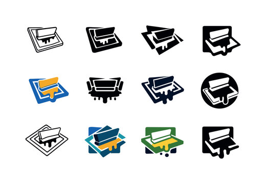 Screen Print Logo Variations. artwork with a screen press. Icon set. Set Logo of artwork with a screen press: screen printing frame. harmonious logo variations