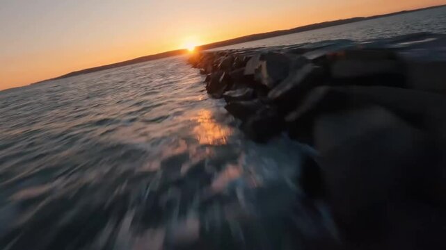 FPV Drone Aerial of Eastern Point Lighthouse at Sunset