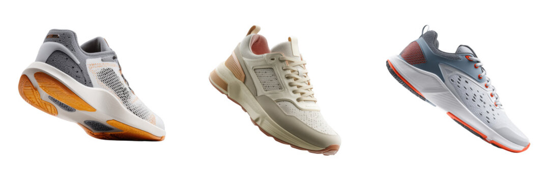 Three athletic sneakers with white gray and orange details isolated on a background isolated on a transparent background