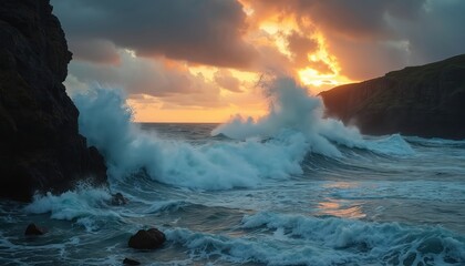 Powerful ocean waves crash on rocky shore during sunset. Dramatic clouds gather over the sea horizon. Rough water creates splash near dark cliffs under orange sky.