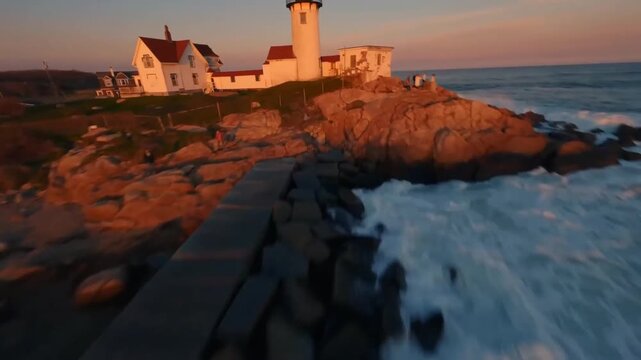 FPV Drone Aerial of Eastern Point Lighthouse at Sunset