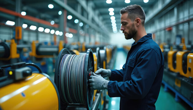 Man in factory works on large wire spool. Technician operates industrial machinery for cable production. Worker checks fiber optic manufacturing equipment in modern plant.
