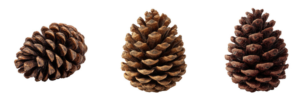 Three brown pine cones isolated on a transparent background pinecones nature