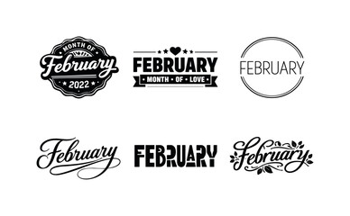 Fototapeta premium Diverse February Icons. February calendar stamp. Set lettering. harmonious lettering variations of the same emblematic concept, each with different artistic