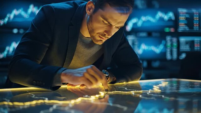 Man analyzes touchscreen trading data. Trader reviews finance investment charts. Technology corporate strategy guides market visualization. Focused environment supports analysis and timely decisions.