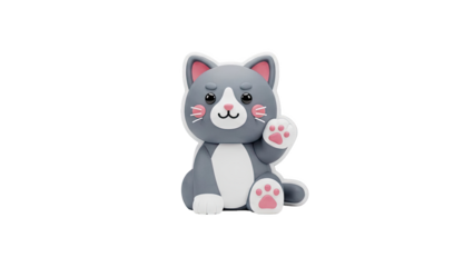 Cute cartoon grey cat with pink paws waving on transparent background