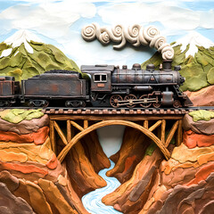 A steam locomotive is going along a bridge over a canyon in the mountains