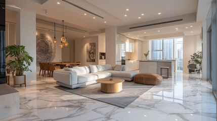 Wide luxury apartment interior panorama with modern furniture, soft daylight, elegant minimalist design with copy space