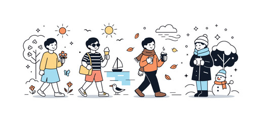 Fototapeta premium Seasonal Elegance. Seasonal lifestyle transition. A person experiencing different seasons through clothing and surroundings, from light spring to cozy winter.