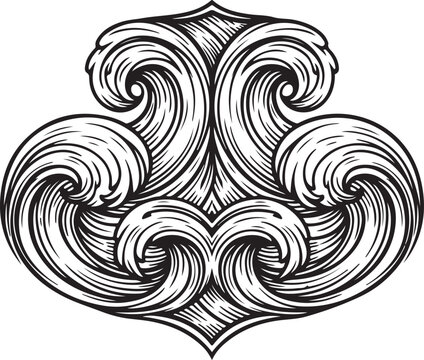 A black and white vector illustration of an intricate, symmetrical baroque or rococo flourish, featuring ornate scrolling waves and fine woodcut-style engraving lines for a classic look.