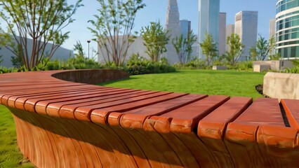 Modern Oasis Park Setting with Unique Curved Bench and Urban Background
