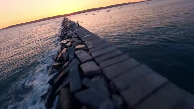 FPV Drone Aerial of Eastern Point Lighthouse at Sunset