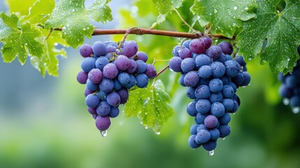 Fresh clusters of ripe purple grapes hang from a green vine, glistening with water droplets, showcasing the beauty of nature and the harvest season in a lush vineyard environment