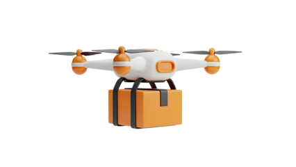 Delivery drone carrying a package on transparent background