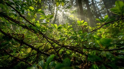 Fototapeta premium Thorny Thicket in Forest with Sunlight Filtering Through Lush Greenery