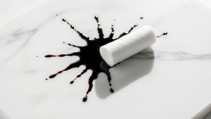 A white cylindrical object rests on a marble surface next to a black ink splash.
