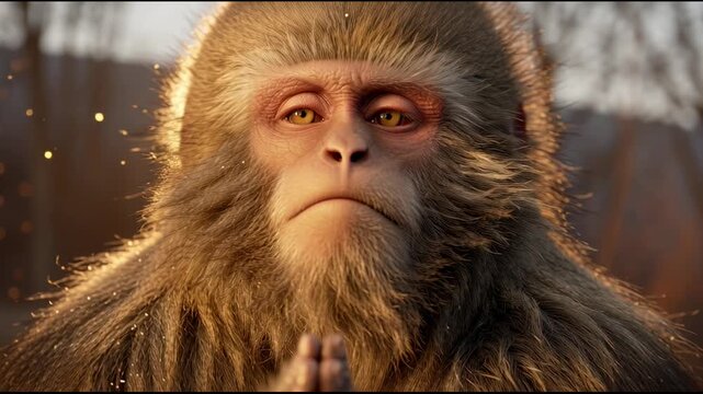 Realistic 3D rendering of a contemplative monkey in nature