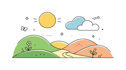 Fototapeta premium Spring Geometric Harmony. Abstract spring landscape. Soft geometric shapes forming hills, sun and clouds, modern decorative background with a calm