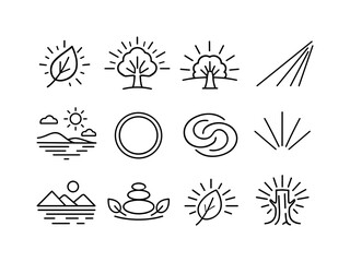 Fototapeta premium Light-Nature Icon Set. Light?Nature Harmony. Line icon set of Light?Nature Harmony: leaf with glow, tree with rays, sun behind trunk, gentle beam, peaceful