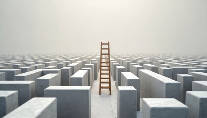 Wooden ladder stands in center of gray maze. Simple path forward through complex structure. Abstract concept of finding way out. Success over challenge.
