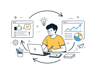 Product Feedback Optimization. Iteration and improvement. Person reviewing feedback and analytics, updating the product for better results. Continuous progress