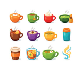 Colorful Drink Icons. Handheld Drinks. Colorful flat vector icons set of Handheld Drinks: latte cup, tea mug, hot cocoa, matcha bowl, cider cup, chai mug, warm